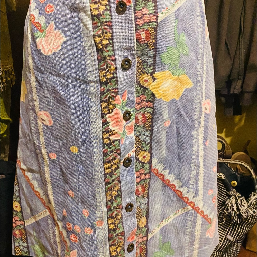 Floral Button-Down A-Line Skirt - Blue and Multicolor